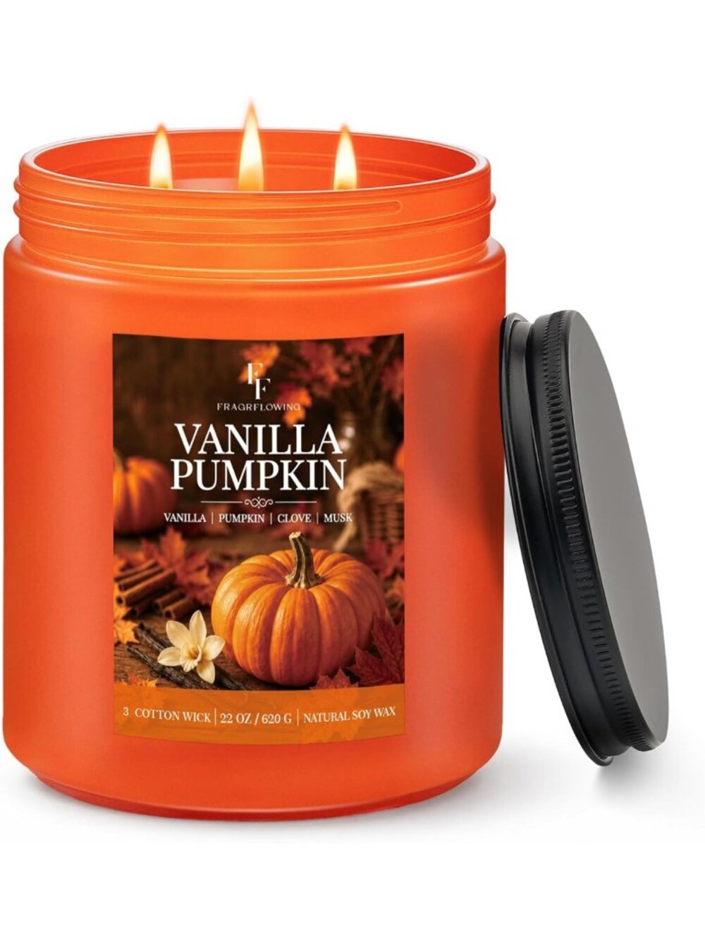 Large 22oz Vanilla Pumpkin Scented Candle | Fall Decor, 3-Wick, Long Lasting